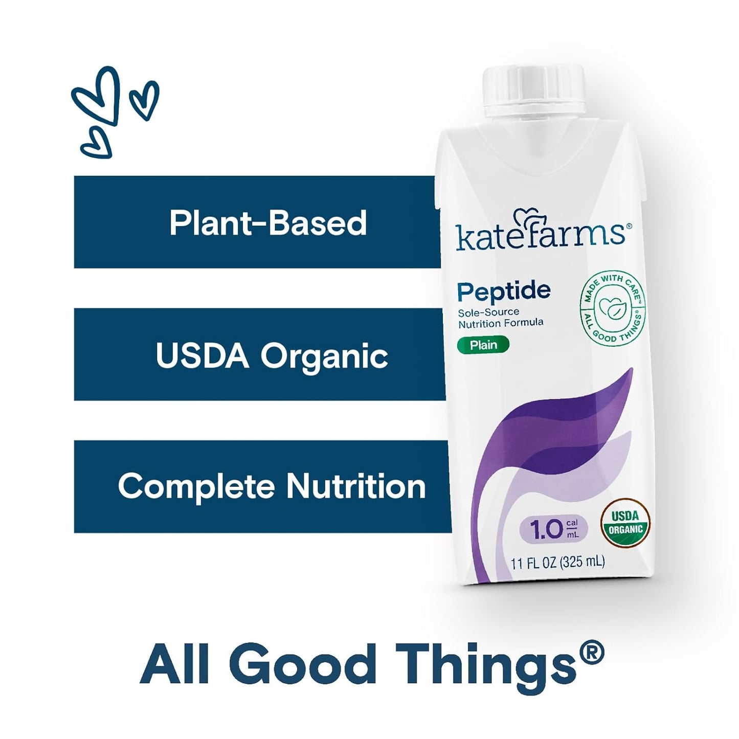 Organic Adult Peptide 1.0 Formula by KATE FARMS - Plain, Hydrolyzed Plant-Based Nutrition (12 Pack, 11 Fl oz)