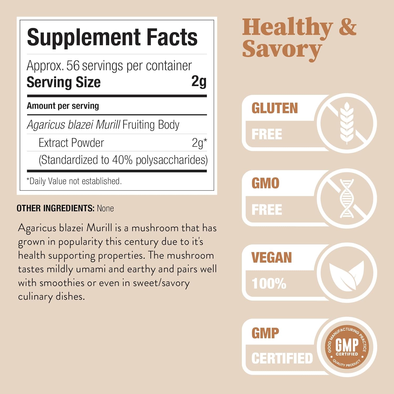 Organic Agaricus Blazei Murill Mushroom Extract Powder - 4oz, 40% Polysaccharides, Non-GMO, Gluten-Free