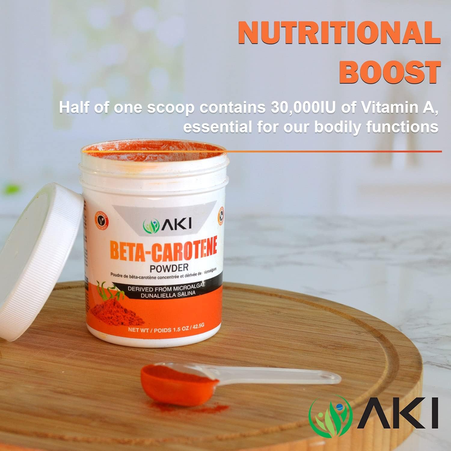 Organic AKI Beta Carotene Powder - Highly Concentrated Source of Vitamin A for Skin, Immune System, and Eyes - 1.5oz/42.52g - GMO-Free & Vegan