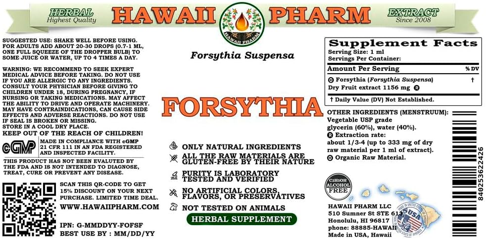Organic Alcohol-Free Forsythia Liquid Extract 2 oz - Natural Shield & Protection from Hawaii Pharm