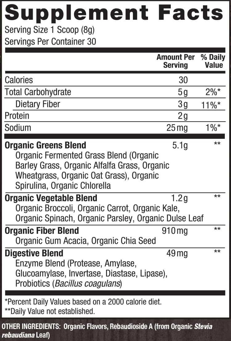 Organic Alkalizing Super Greens Powder with Probiotics & Enzymes - Vegan, Non-GMO, Gluten-Free - 8.46 oz - 30 Servings