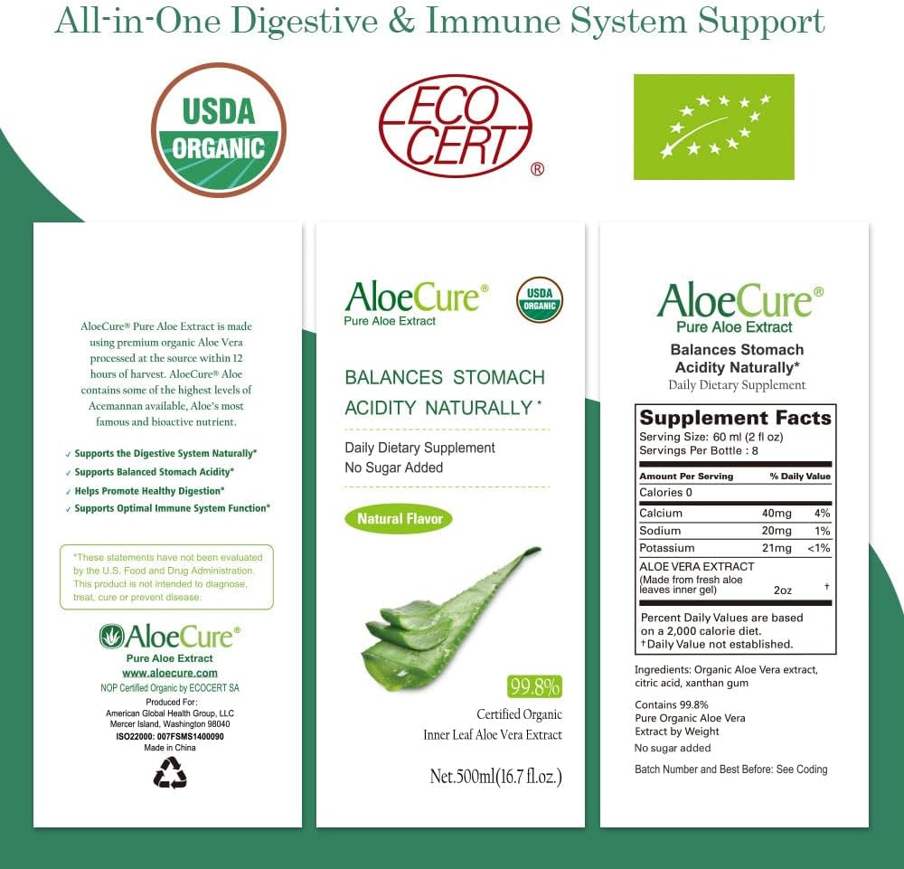 Organic Aloe Vera Juice for Digestion & Immune Support - Pure Aloe Digestive Supplement - 4 x 500ml Bottles