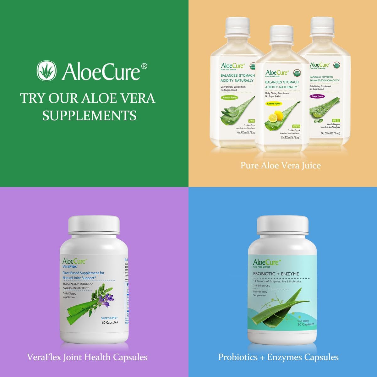 Organic Aloe Vera Juice for Digestion & Immune Support - Pure Aloe Digestive Supplement - 4 x 500ml Bottles