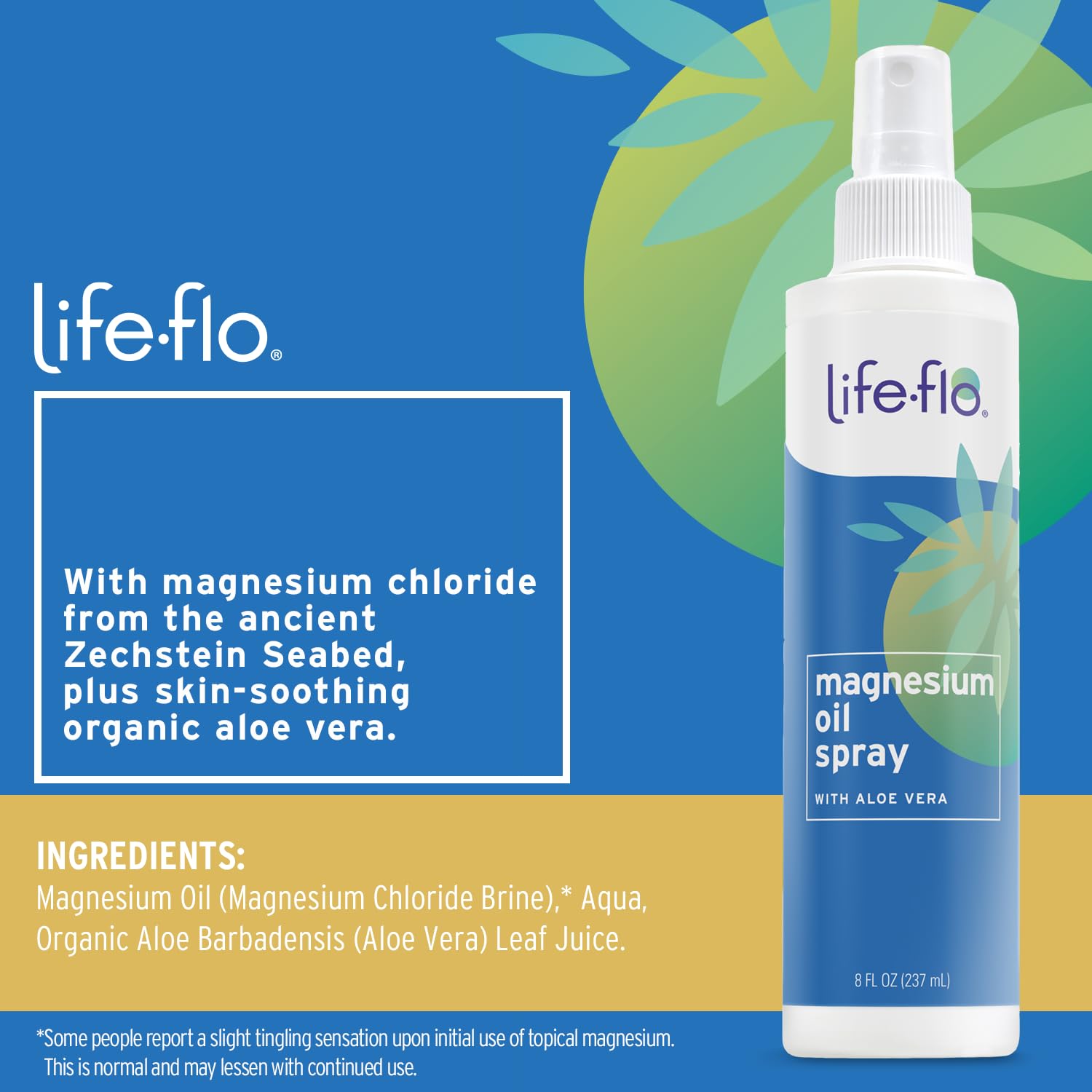 Organic Aloe Vera Magnesium Chloride Spray for Calming Muscles and Joints, Soothes Skin, 8oz Spray - 60 Day Guarantee