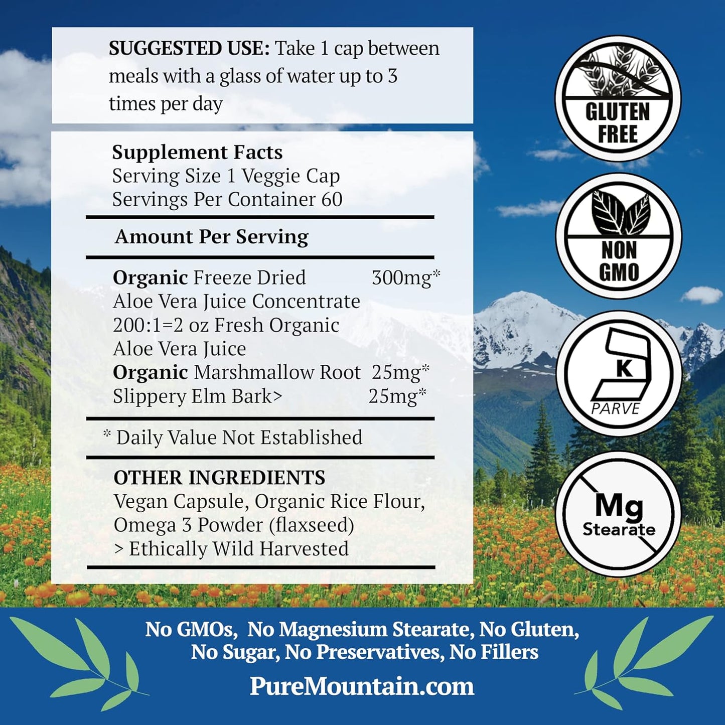 Organic Aloe Vera Plus Capsules with Marshmallow Root and Slippery Elm. 200:1 Extract, Kosher Dried Gel - Pure Mountain Botanicals