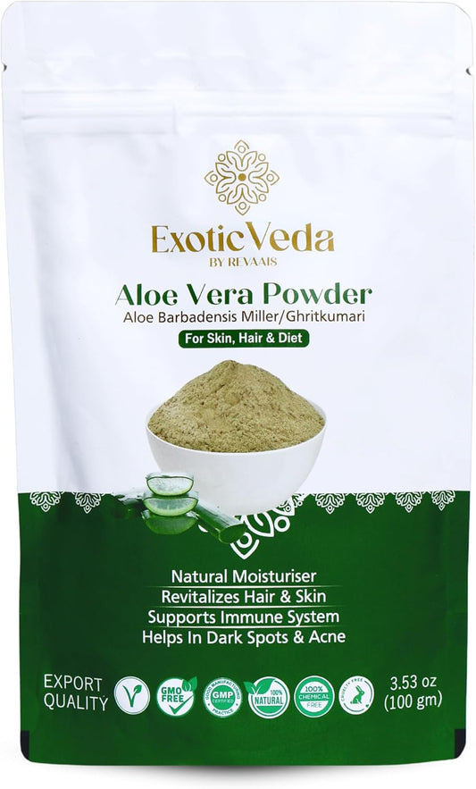 Organic Aloe Vera Powder for Hair, Skin, and Face - Premium Blend with Amla, Neem, and Horticultural Aloe - Fresh and Pure Juice from Exotic Veda