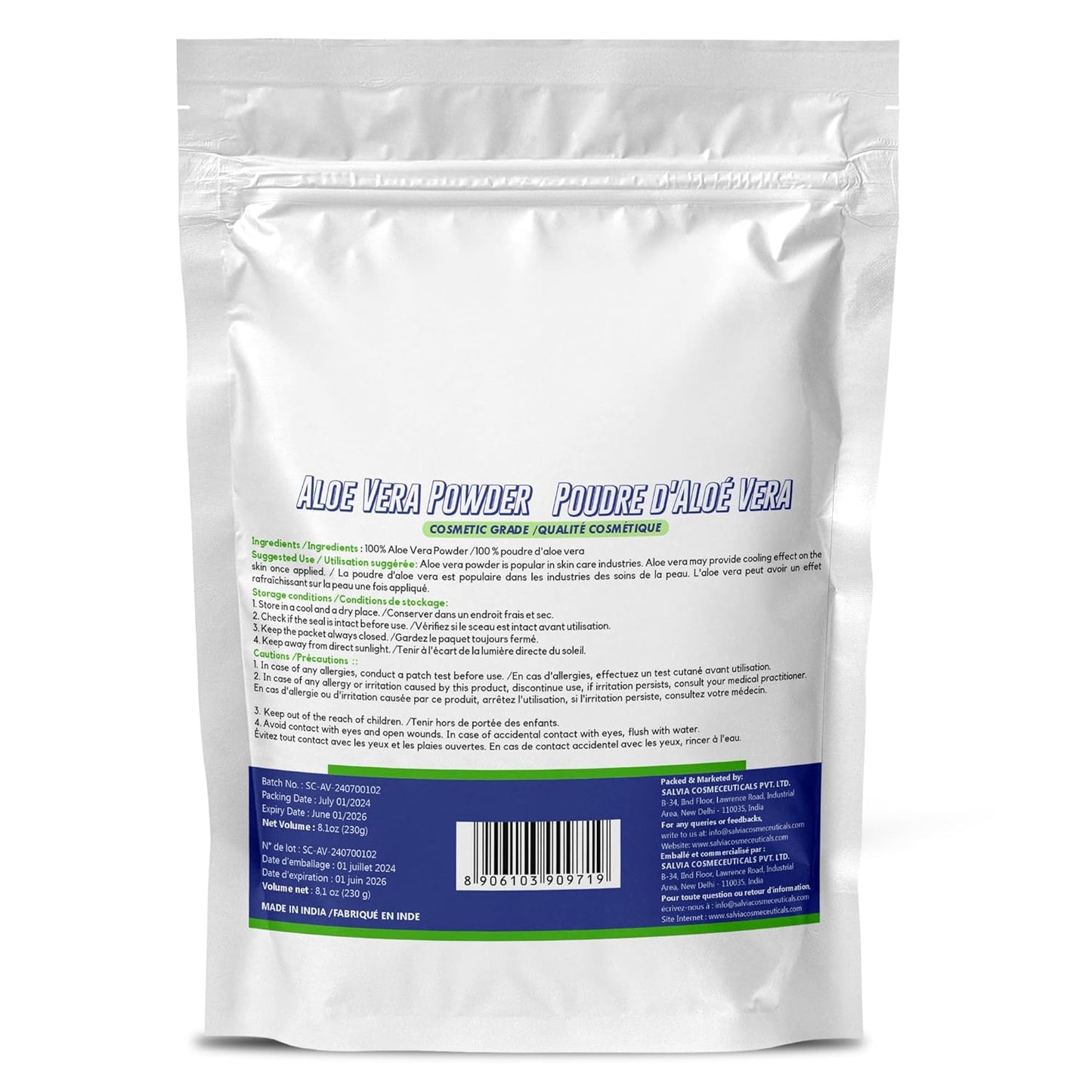 Organic Aloe Vera Powder for Skin and Hair Care - 230g (8.01 oz)