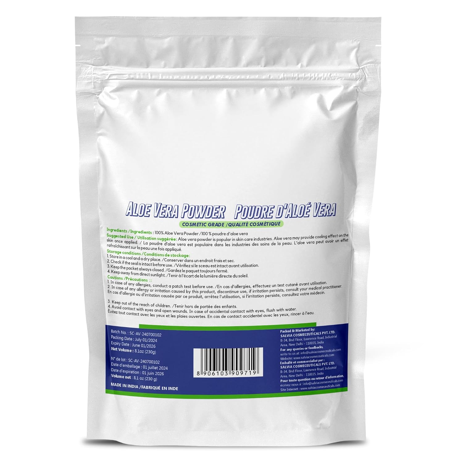 Organic Aloe Vera Powder for Skin and Hair Care - 230g (8.01 oz)