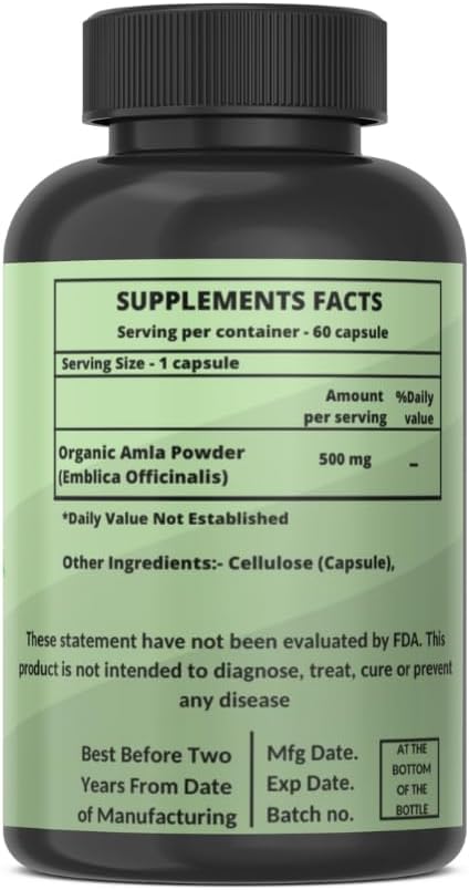 Organic Amla Capsules for Natural Vitamin C - Indian Gooseberry Supplement for Skin & Hair - 60 Capsules