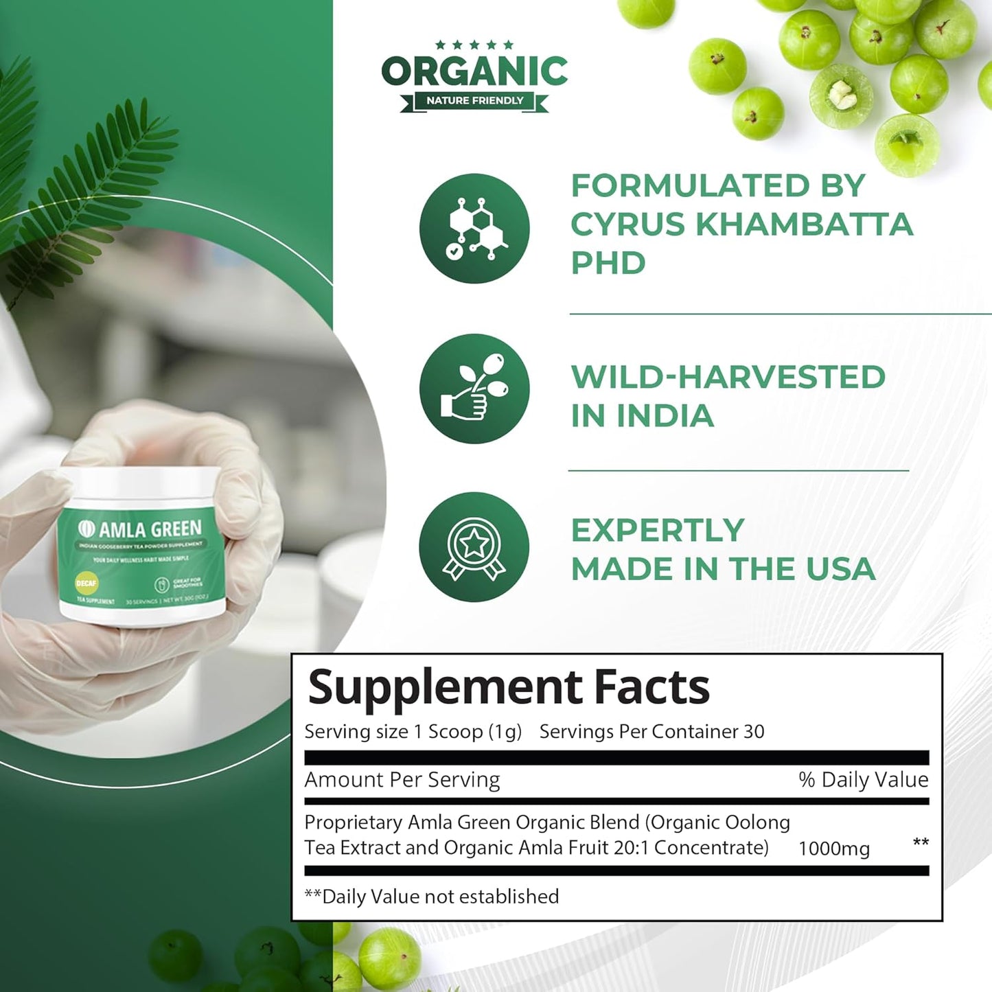 Organic Amla Green Powder & Decaf Green Tea Superfood Supplement - Ultra Concentrated Amla & Oolong Tea Blend, 90 Servings