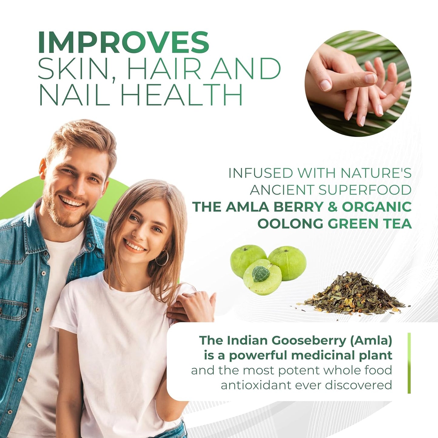Organic Amla Green Powder & Decaf Green Tea Superfood Supplement - Ultra Concentrated Amla & Oolong Tea Blend, 90 Servings