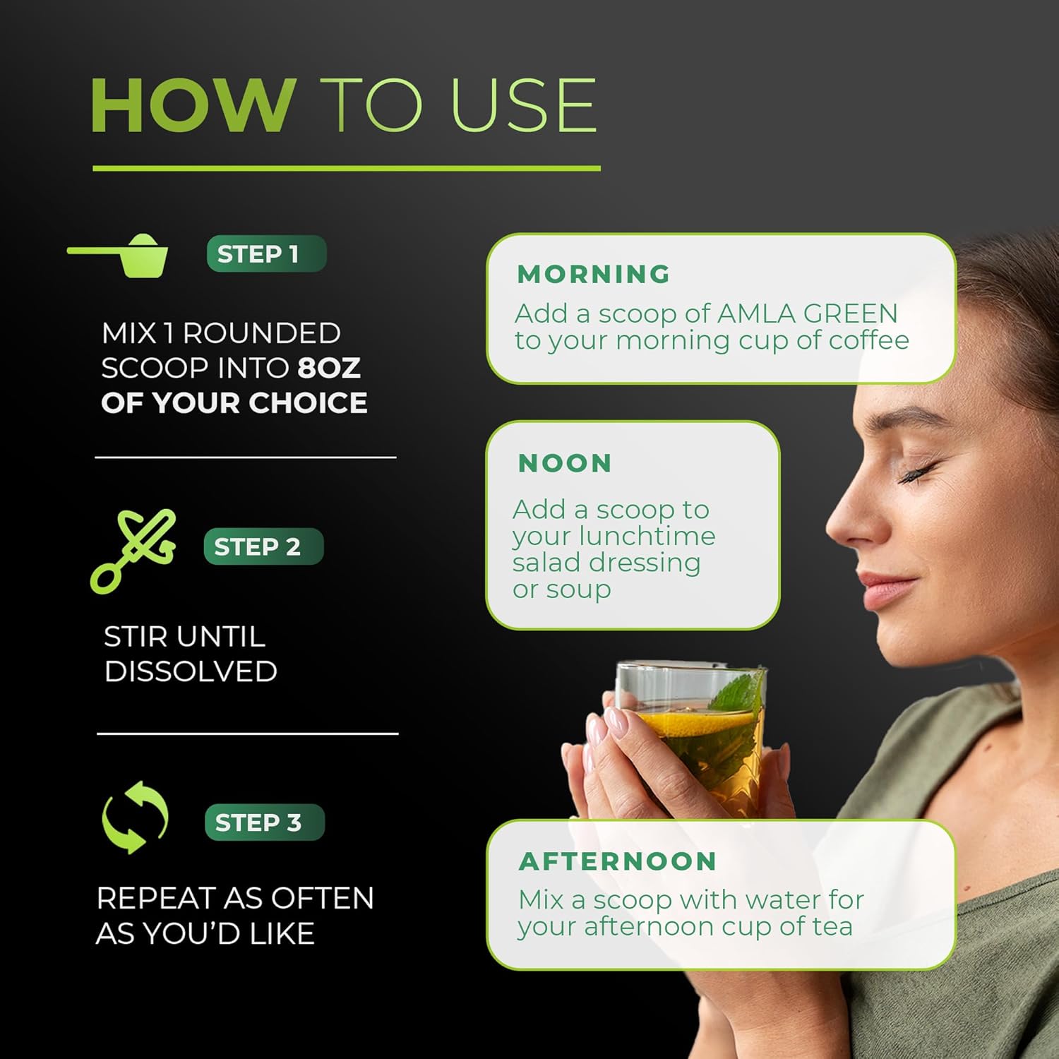 Organic Amla Green Powder & Decaf Green Tea Superfood Supplement - Ultra Concentrated Amla & Oolong Tea Blend, 90 Servings