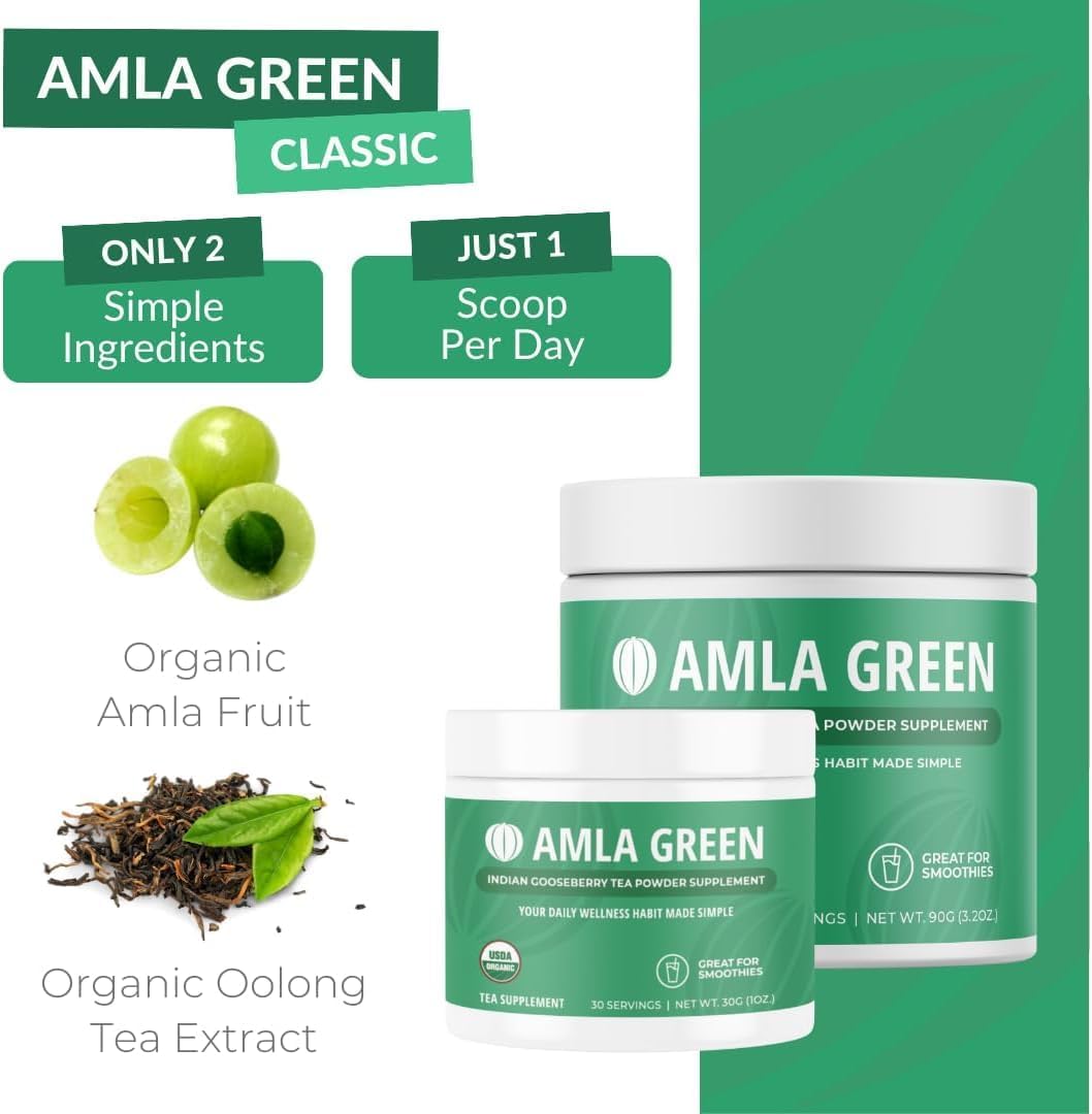 Organic Amla Green Powder & Green Tea Supplement with Antioxidant Support - 90 Servings of Indian Gooseberry & 30 Servings of Hibiscus - Vegan