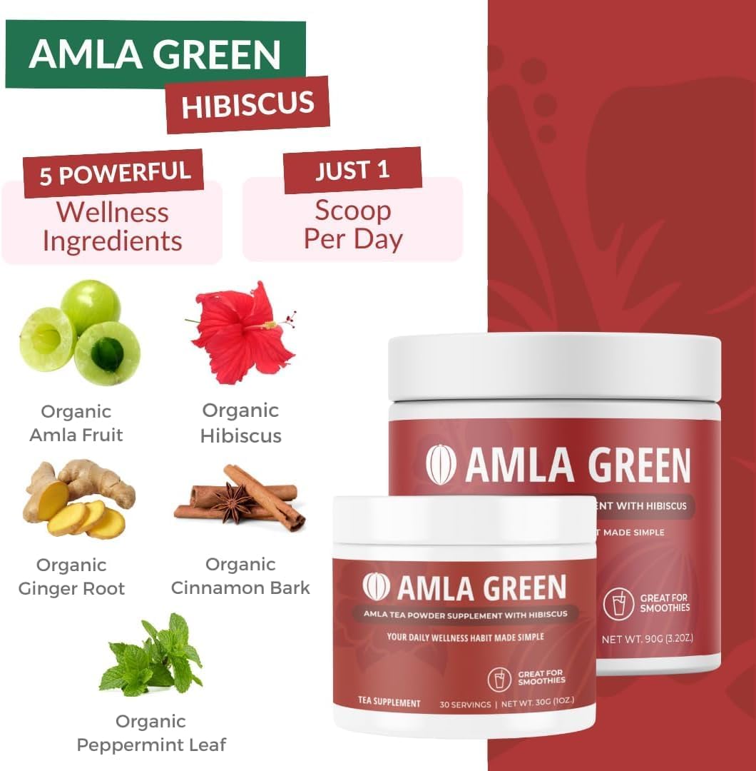 Organic Amla Green Powder & Green Tea Supplement with Antioxidant Support - 90 Servings of Indian Gooseberry & 30 Servings of Hibiscus - Vegan