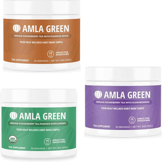 Organic Amla Green Tea Supplement with Pumpkin Spice, Elderberry - Vegan Superfood Powder (30 Servings)