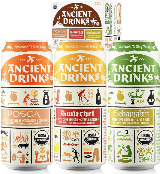 Organic Apple Cider Vinegar Beverage with Electrolytes, Vitamins, Probiotics - Mixed Pack of Super-Hydrating Sports Drinks - 16 fl oz (12 cans)