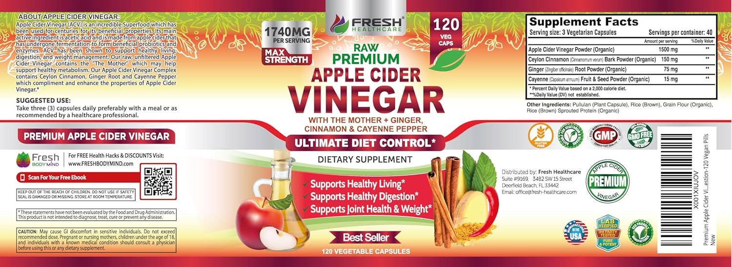 Organic Apple Cider Vinegar Capsules 1740mg with Mother - Natural Detox & Digestion Support with Cinnamon, Ginger & Cayenne - 120 Vegan Pills for Healthy Living