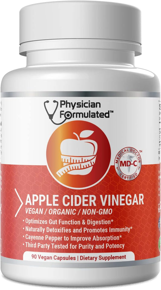 Organic Apple Cider Vinegar Capsules 750mg with Cayenne Pepper for Natural Detox - 90 Capsules by Physician