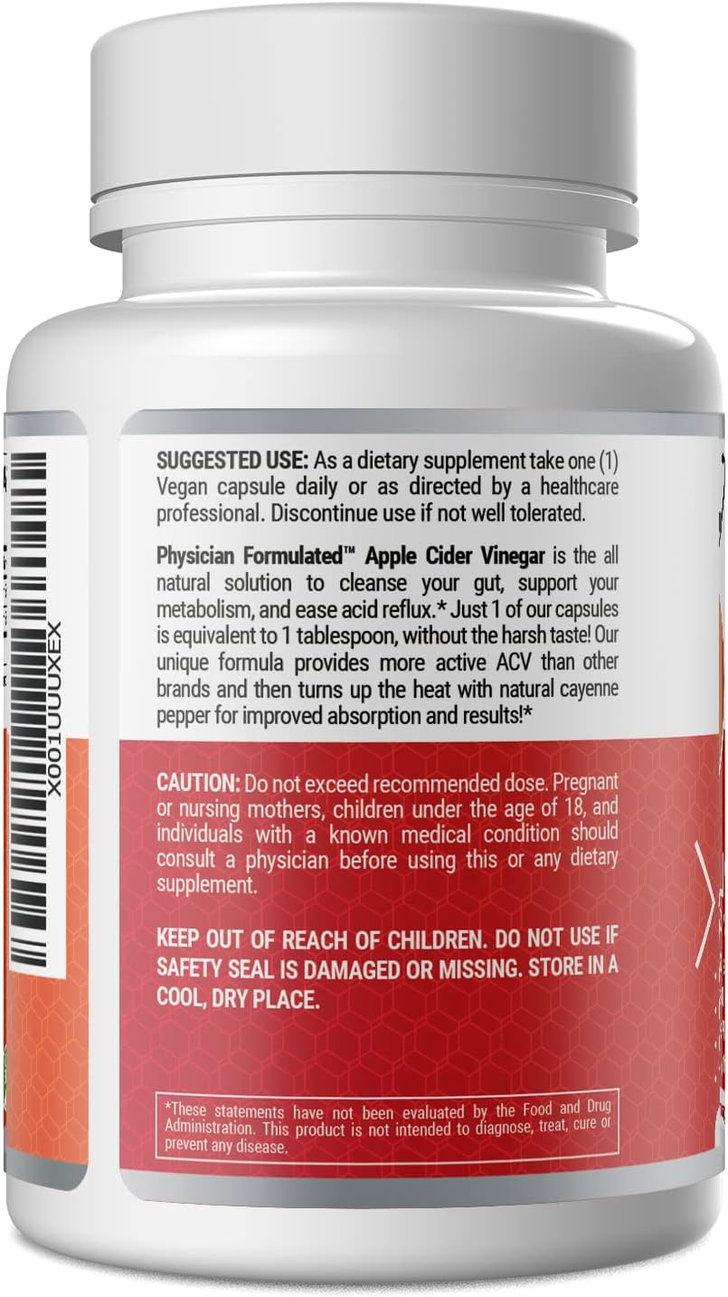 Organic Apple Cider Vinegar Capsules 750mg with Cayenne Pepper for Natural Detox - 90 Capsules by Physician
