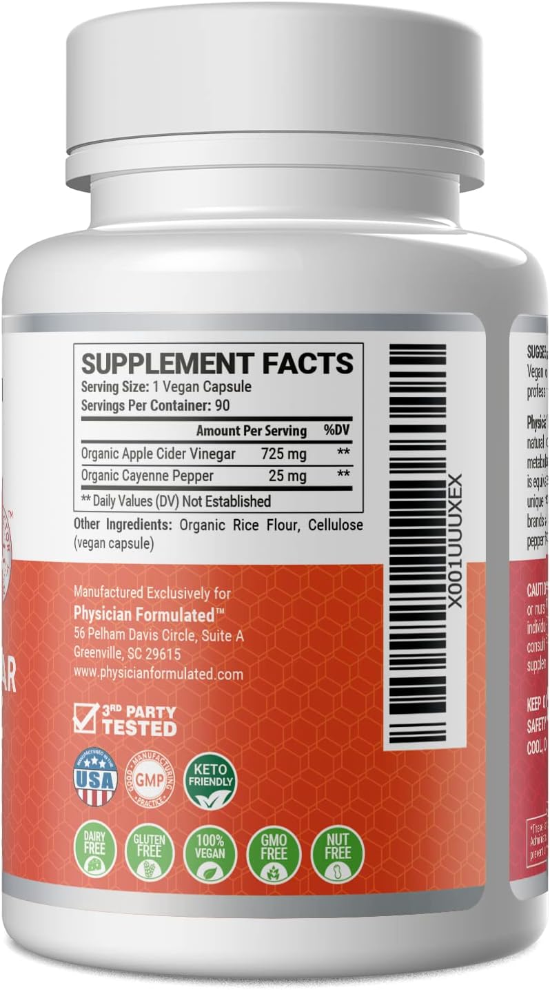 Organic Apple Cider Vinegar Capsules 750mg with Cayenne Pepper for Natural Detox - 90 Capsules by Physician