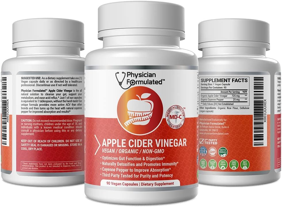 Organic Apple Cider Vinegar Capsules 750mg with Cayenne Pepper for Natural Detox - 90 Capsules by Physician