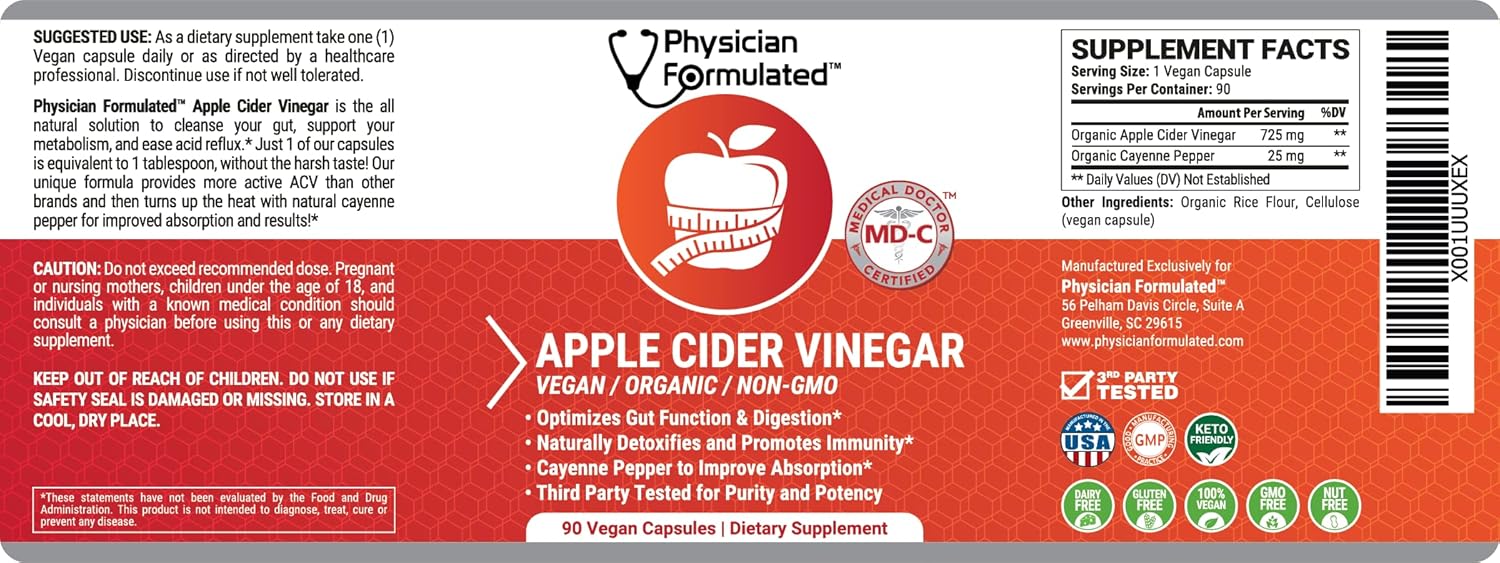 Organic Apple Cider Vinegar Capsules 750mg with Cayenne Pepper for Natural Detox - 90 Capsules by Physician