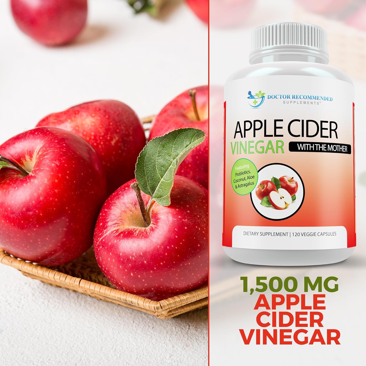 Organic Apple Cider Vinegar Capsules with Probiotics - Doctor Recommended Digestive Support Supplement - 1500 mg Pills for Immune Health - Made in USA