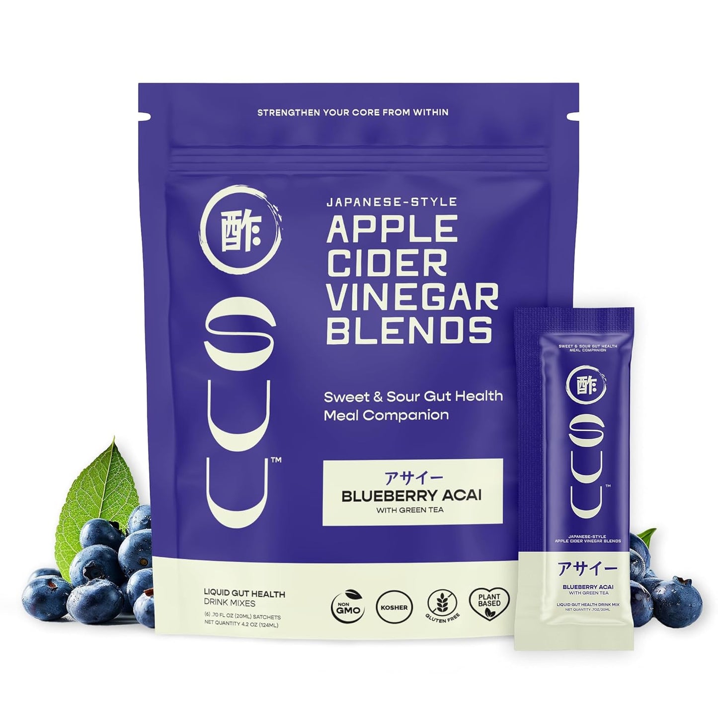 Organic Apple Cider Vinegar Drink Mix Packets with Honey for Digestive Health - Gut Cleanse Probiotic Shots - Blueberry Acai Green Tea - 6 Pack