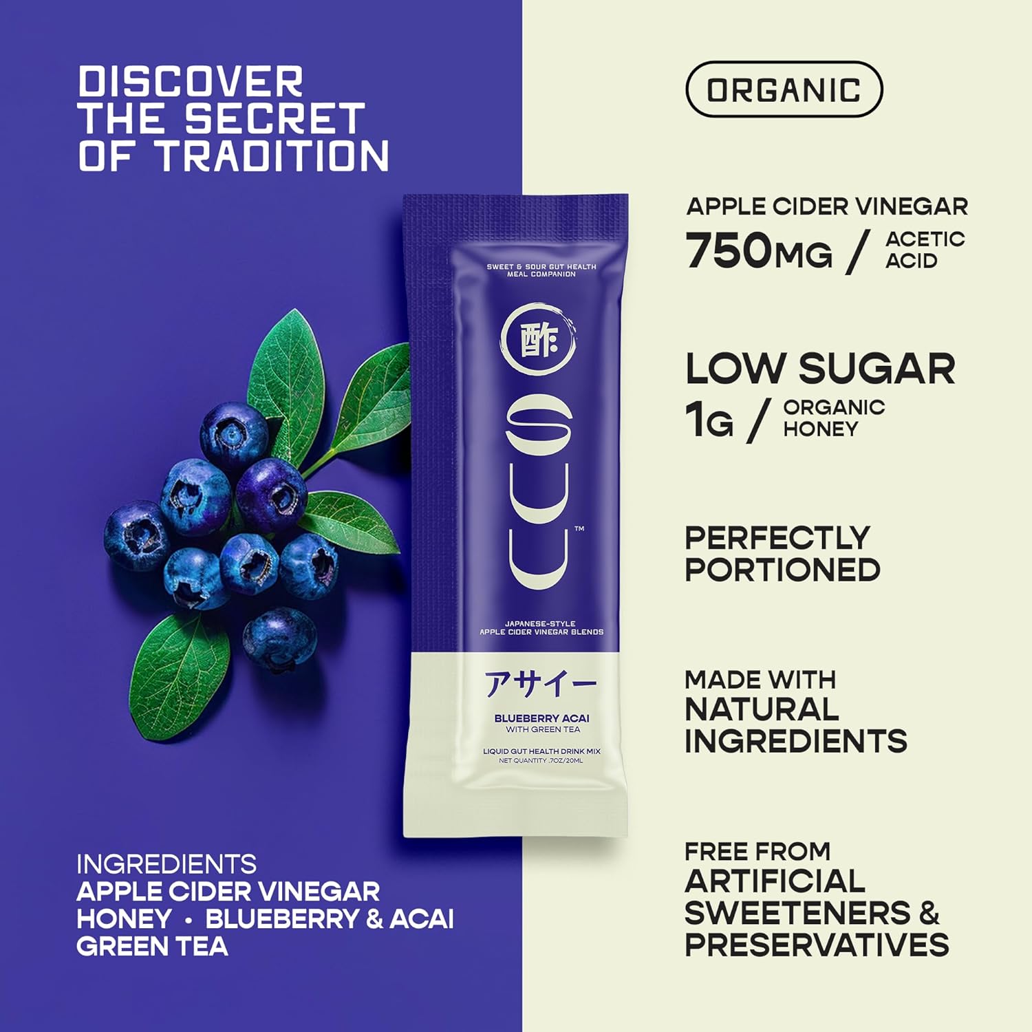 Organic Apple Cider Vinegar Drink Mix Packets with Honey for Digestive Health - Gut Cleanse Probiotic Shots - Blueberry Acai Green Tea - 6 Pack