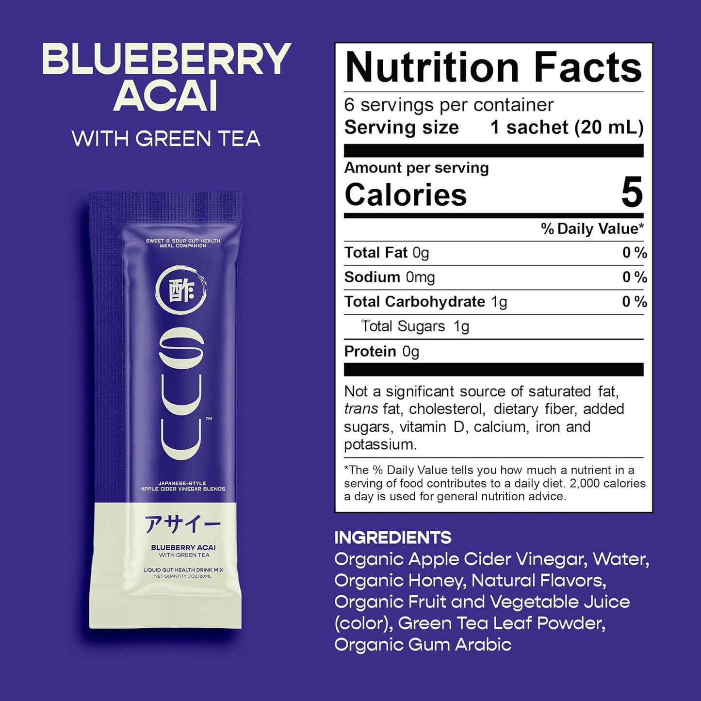 Organic Apple Cider Vinegar Drink Mix Packets with Honey for Digestive Health - Gut Cleanse Probiotic Shots - Blueberry Acai Green Tea - 6 Pack