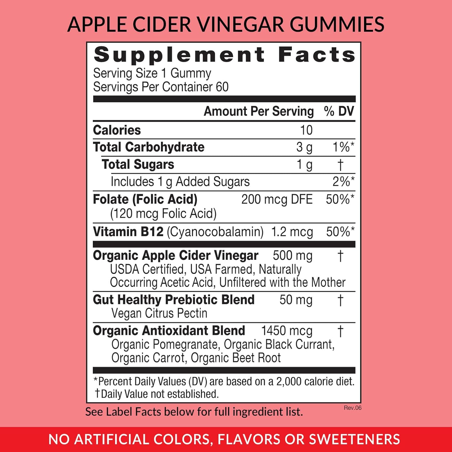 Organic Apple Cider Vinegar Gummies with B9, B12, Beetroot, and Pomegranate for Energy and Immunity Support