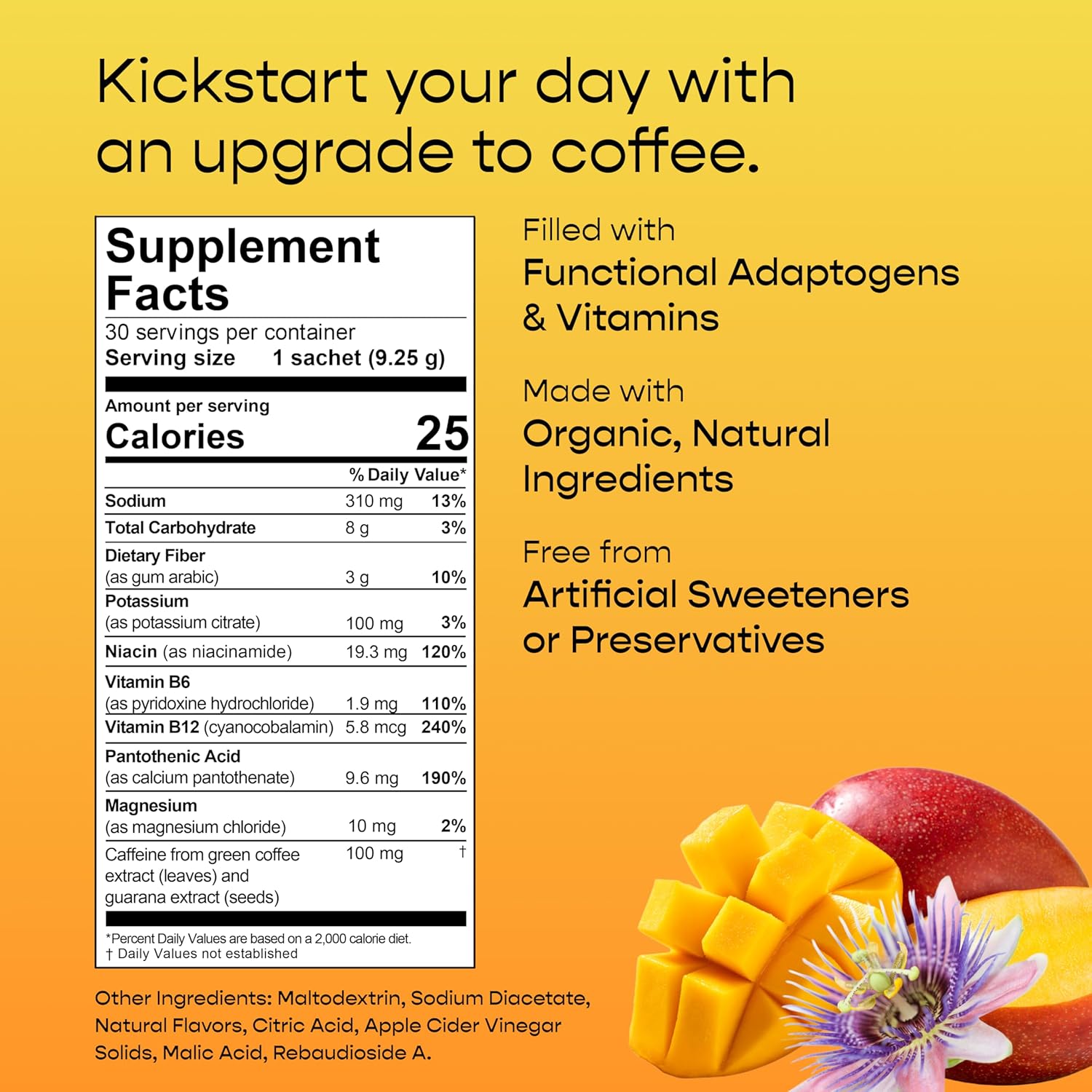 Organic Apple Cider Vinegar Hydration Packets with Electrolytes & Energy - Mango Passionfruit Flavor - 30ct