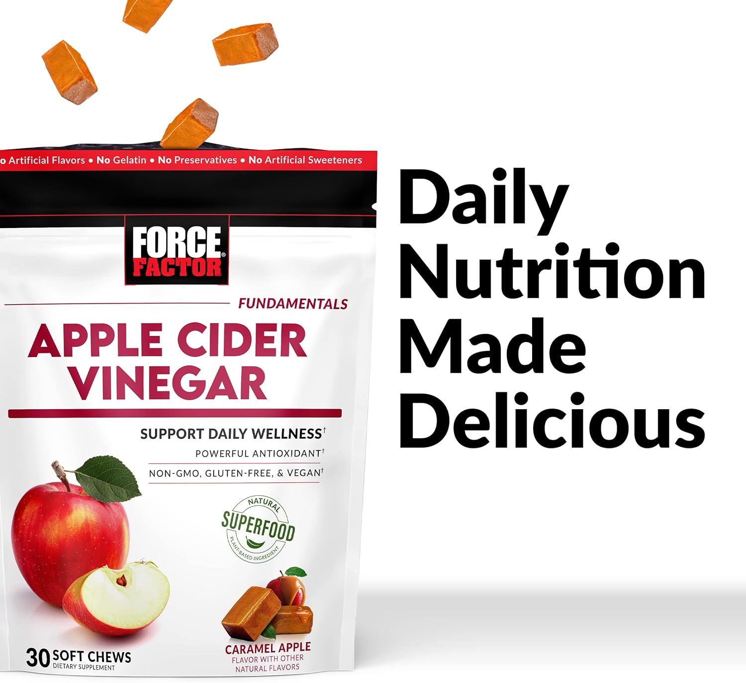 Organic Apple Cider Vinegar Soft Chews for Digestion and Metabolism Support - Caramel Apple Flavor, 30 Chews