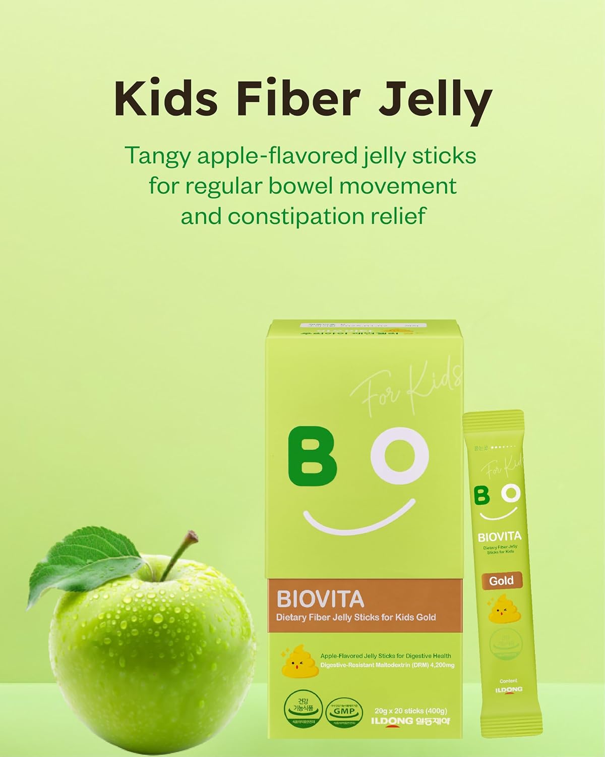 Organic Apple Juice Fiber Jelly for Kids - Plant-Based Soluble Fiber Sticks for Bowel Health & Constipation Relief (20 count)