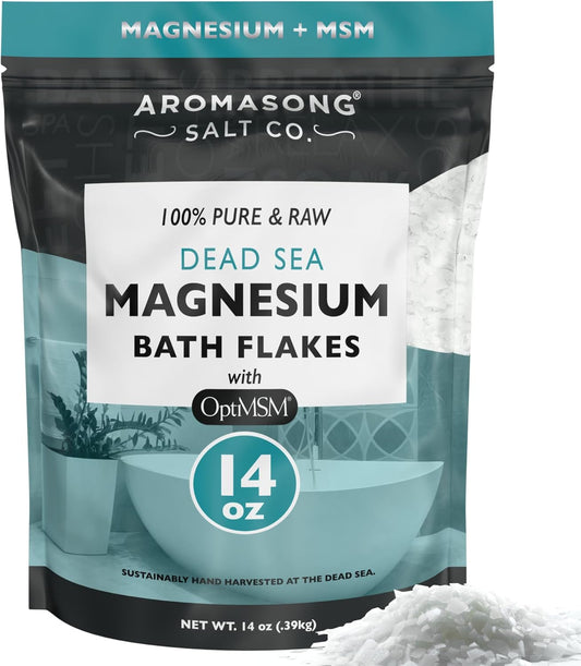 Organic Aromasong RAW Magnesium Flakes with OptiMSM - Muscle-Relaxing Bath Salts for Soaking - 14 Oz. Pack