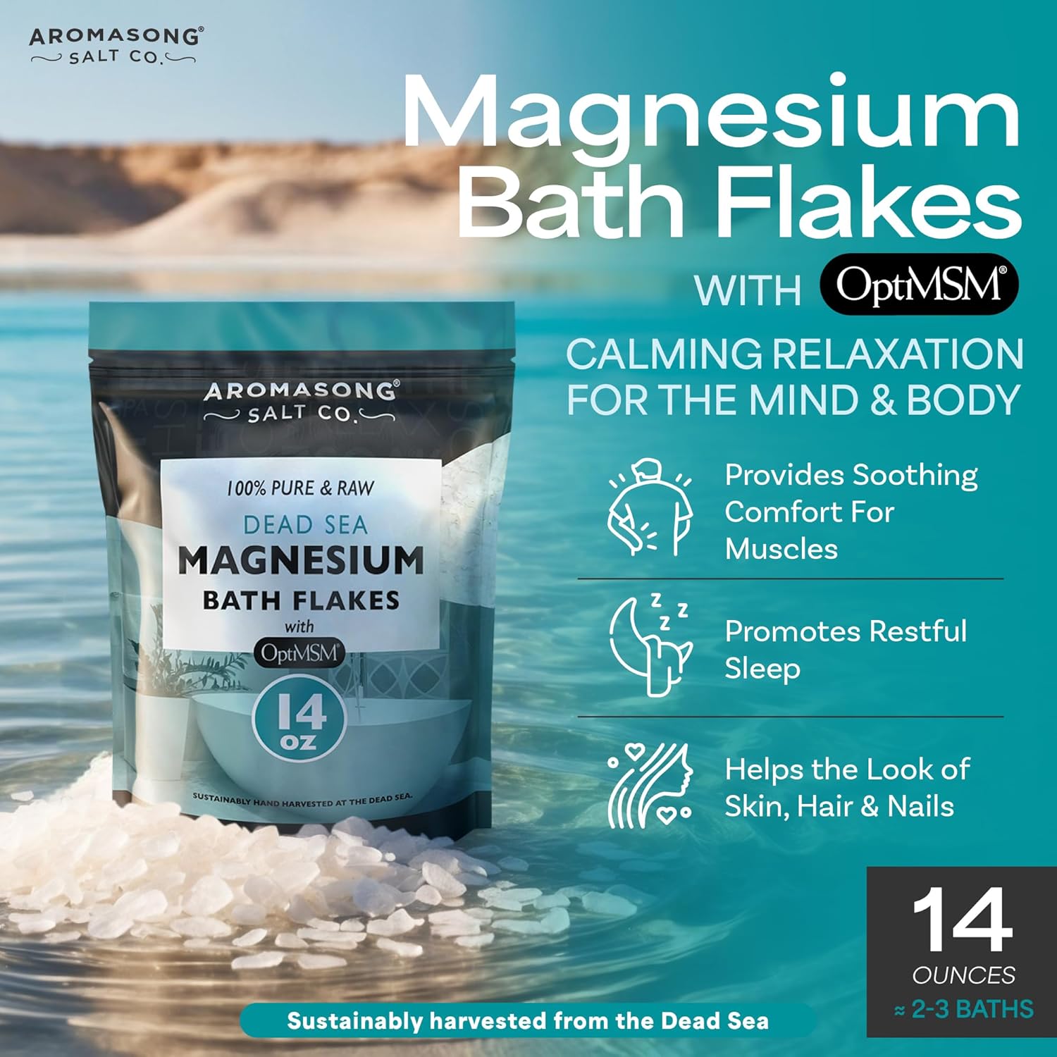 Organic Aromasong RAW Magnesium Flakes with OptiMSM - Muscle-Relaxing Bath Salts for Soaking - 14 Oz. Pack