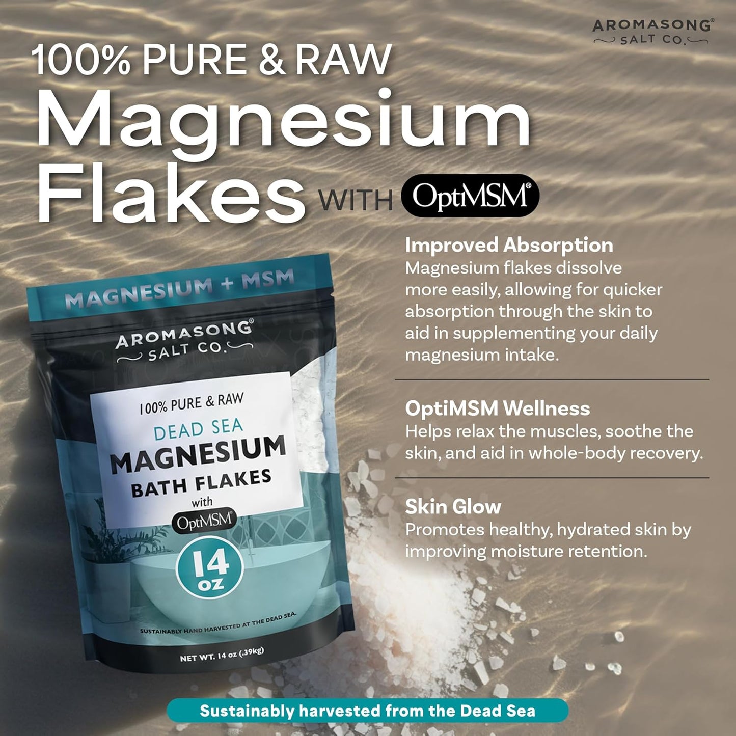 Organic Aromasong RAW Magnesium Flakes with OptiMSM - Muscle-Relaxing Bath Salts for Soaking - 14 Oz. Pack