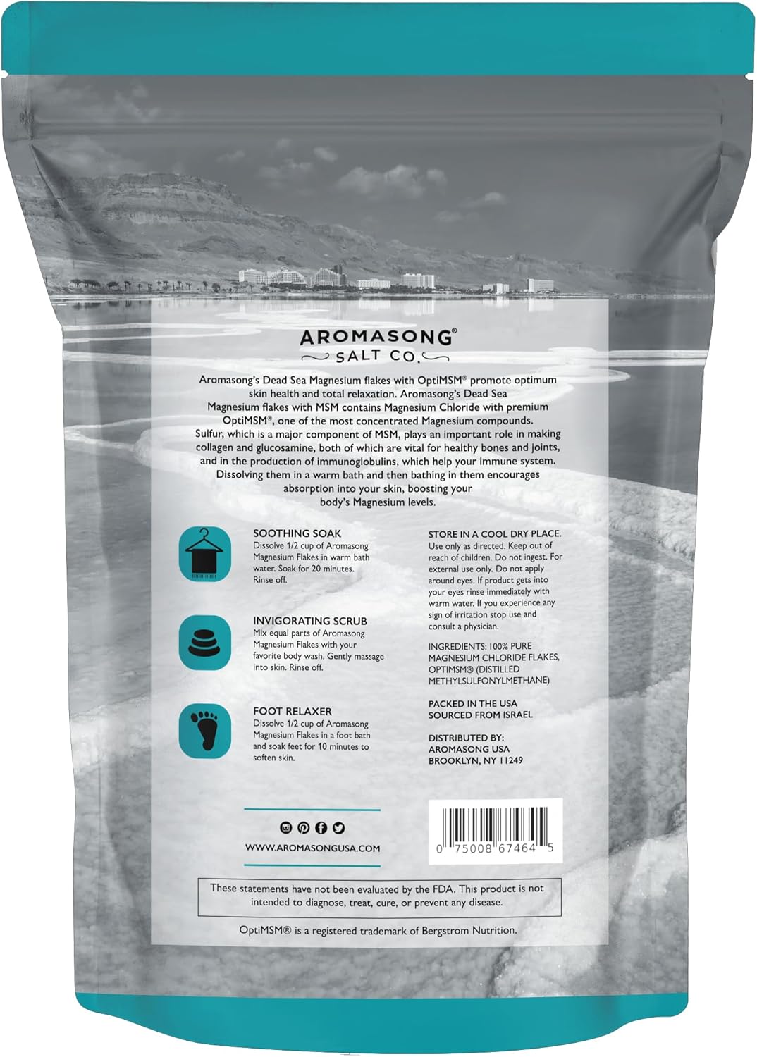 Organic Aromasong RAW Magnesium Flakes with OptiMSM - Muscle-Relaxing Bath Salts for Soaking - 14 Oz. Pack