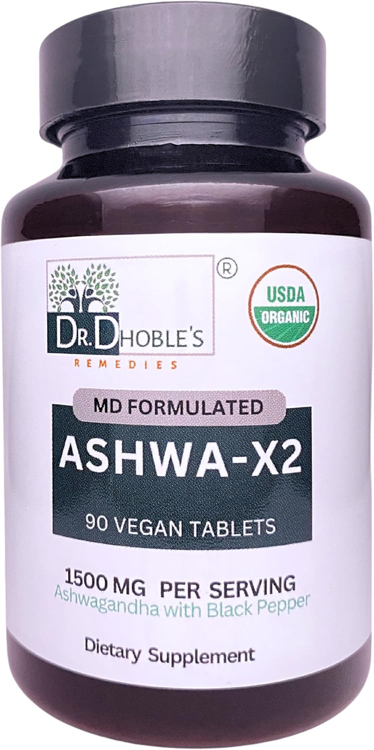 Organic Ashwa X2 Tablets by Dr. Dhoble's Remedies - 1500mg Vegan Formula with Natural Ingredients & Black Pepper for Increased Bioavailability