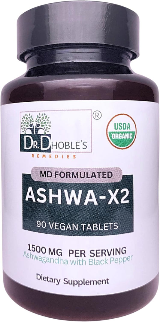Organic Ashwa X2 Tablets by Dr. Dhoble's Remedies - 1500mg Vegan Formula with Natural Ingredients & Black Pepper for Increased Bioavailability