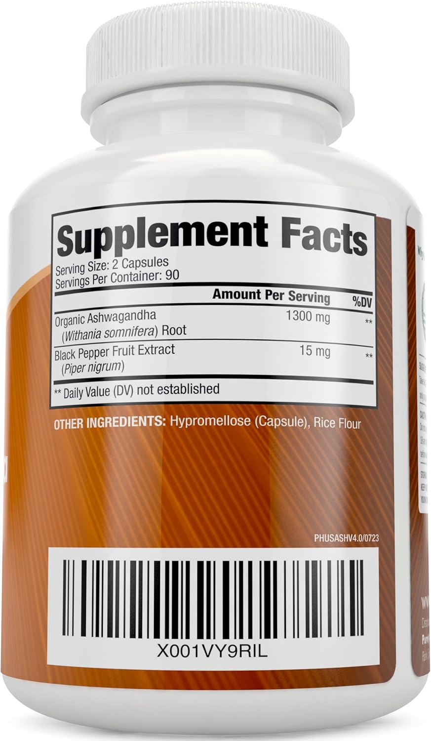 Organic Ashwagandha 1300mg Capsules - 180 Vegan Capsules - High Strength Root Extract with Black Pepper - 3 Month Supply
