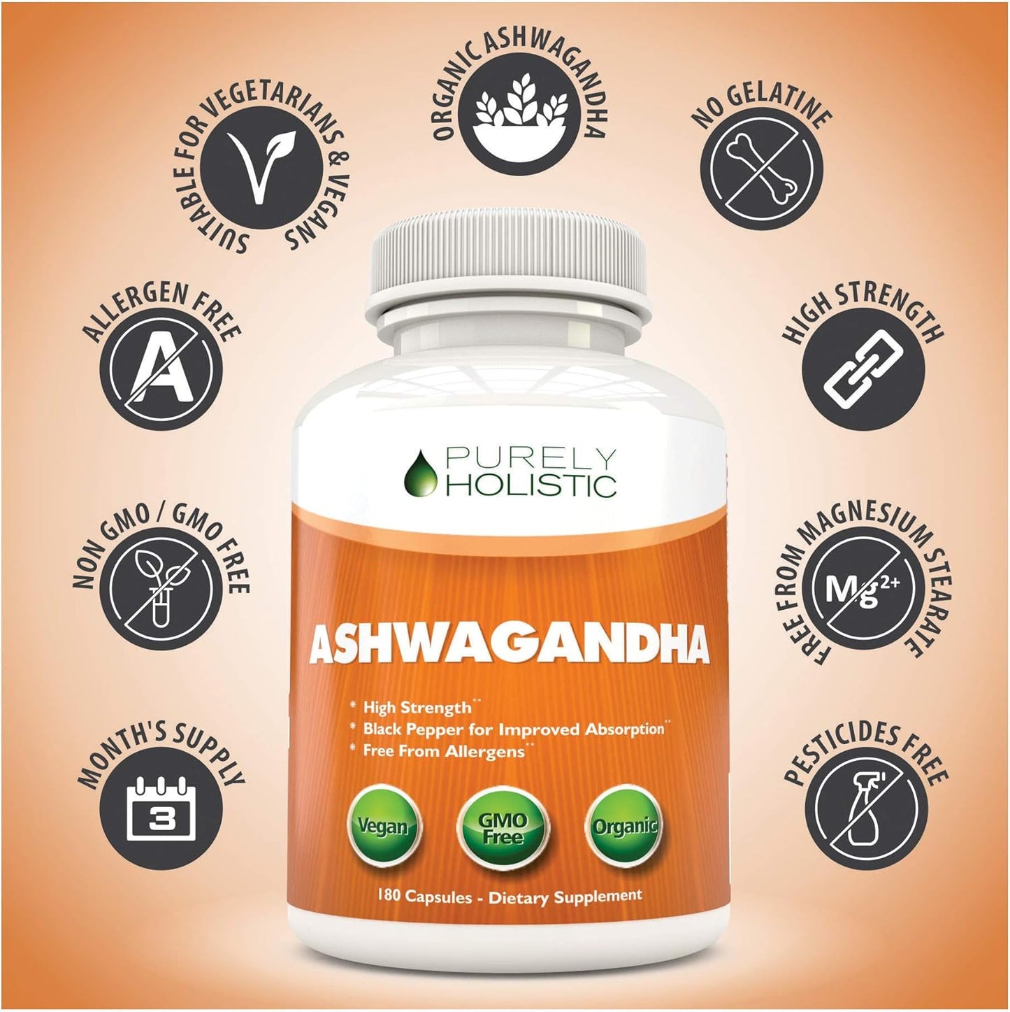 Organic Ashwagandha 1300mg Capsules - 180 Vegan Capsules - High Strength Root Extract with Black Pepper - 3 Month Supply