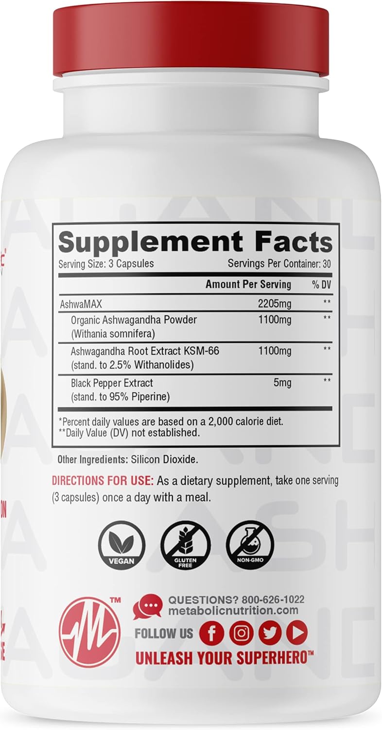 Organic Ashwagandha 2200mg Capsules with Black Pepper Extract - 90 Vegan Capsules by Metabolic Nutrition