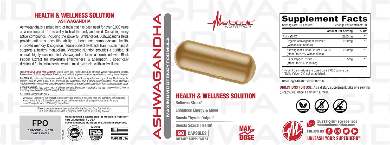 Organic Ashwagandha 2200mg Capsules with Black Pepper Extract - 90 Vegan Capsules by Metabolic Nutrition