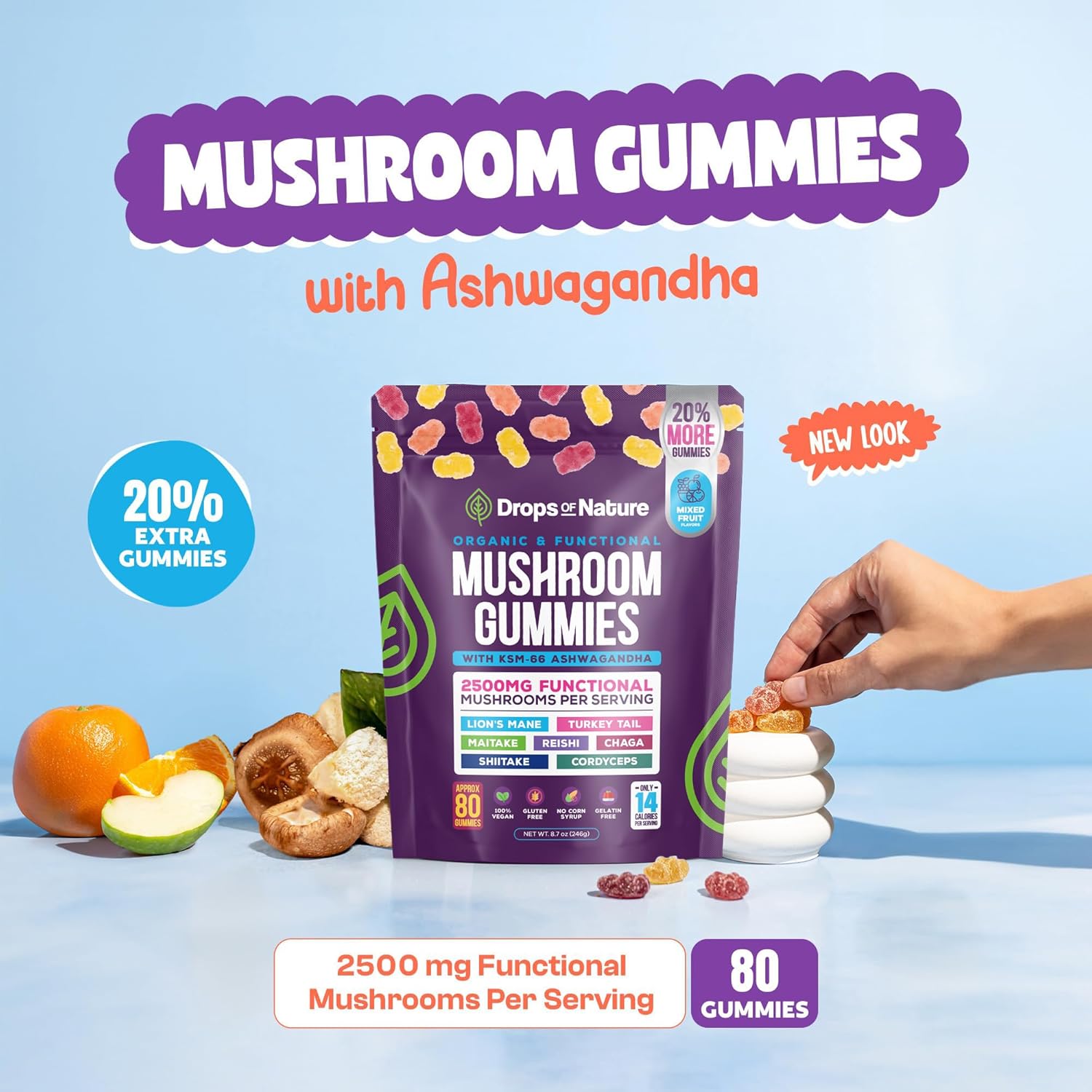Organic Ashwagandha and Lions Mane Mushroom Gummies with Reishi, Cordyceps, Turkey Tail, Maitake, Shitake, Chaga - Immune Support and Cognitive Boost - Vegan and Low Carb