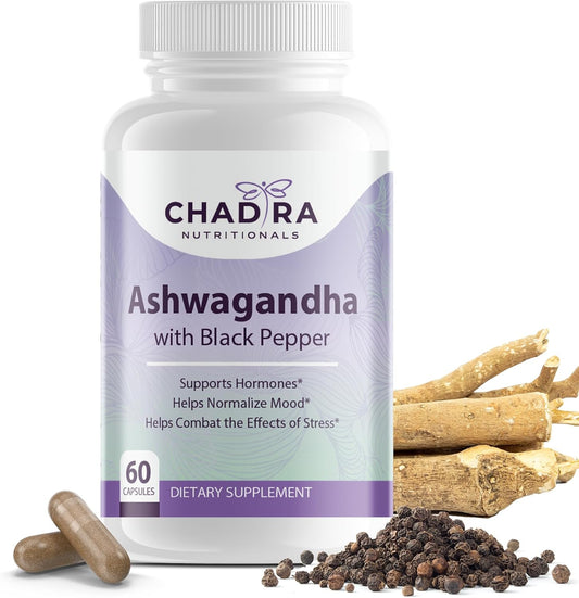 Organic Ashwagandha & Black Pepper Capsules for Stress, Cognition & Mood - Non-GMO, Gluten Free - 60 Count