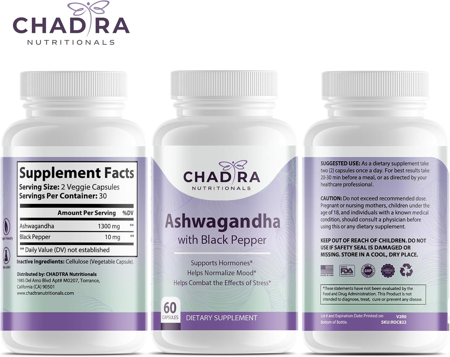Organic Ashwagandha & Black Pepper Capsules for Stress, Cognition & Mood - Non-GMO, Gluten Free - 60 Count