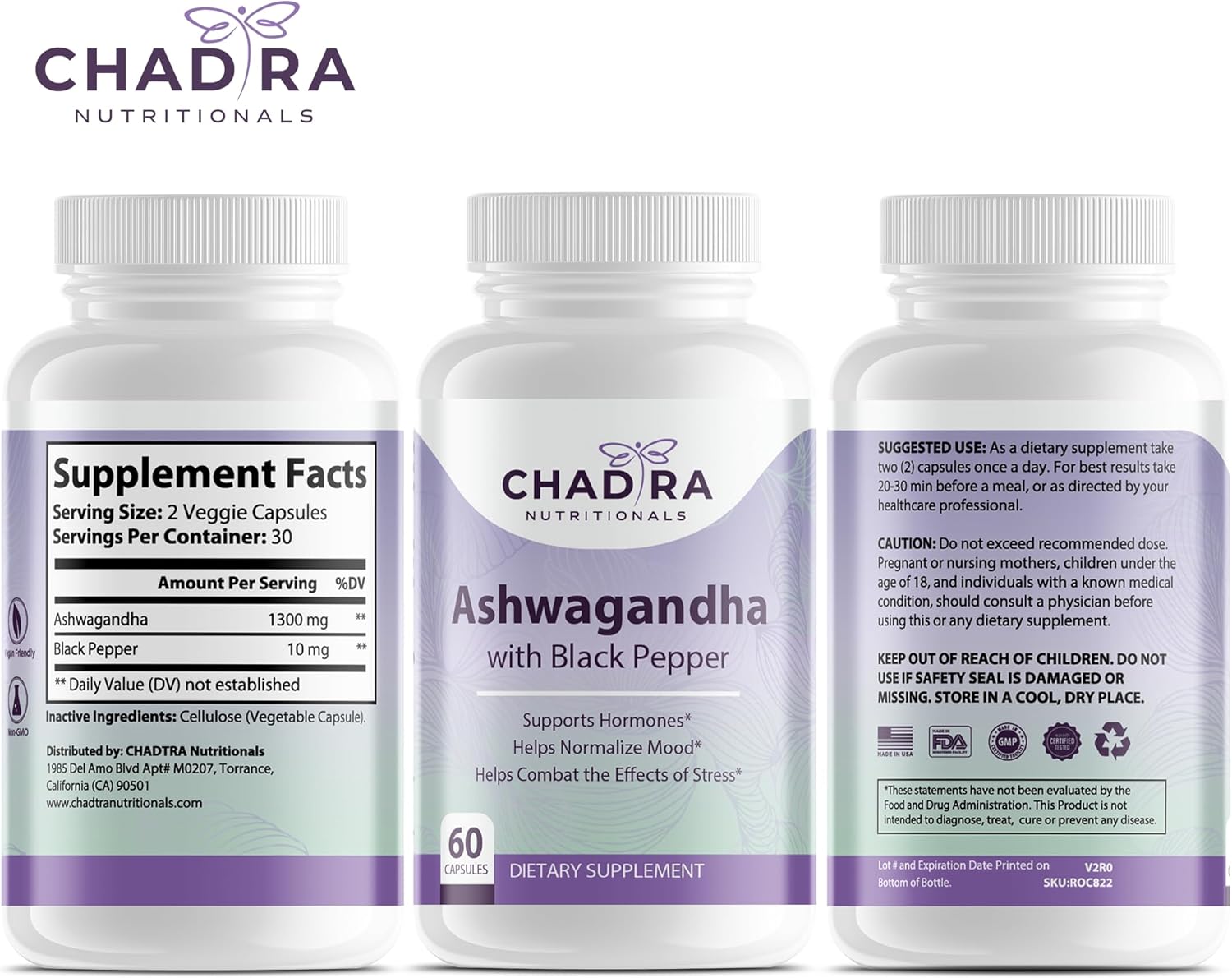 Organic Ashwagandha & Black Pepper Capsules for Stress, Cognition & Mood - Non-GMO, Gluten Free - 60 Count