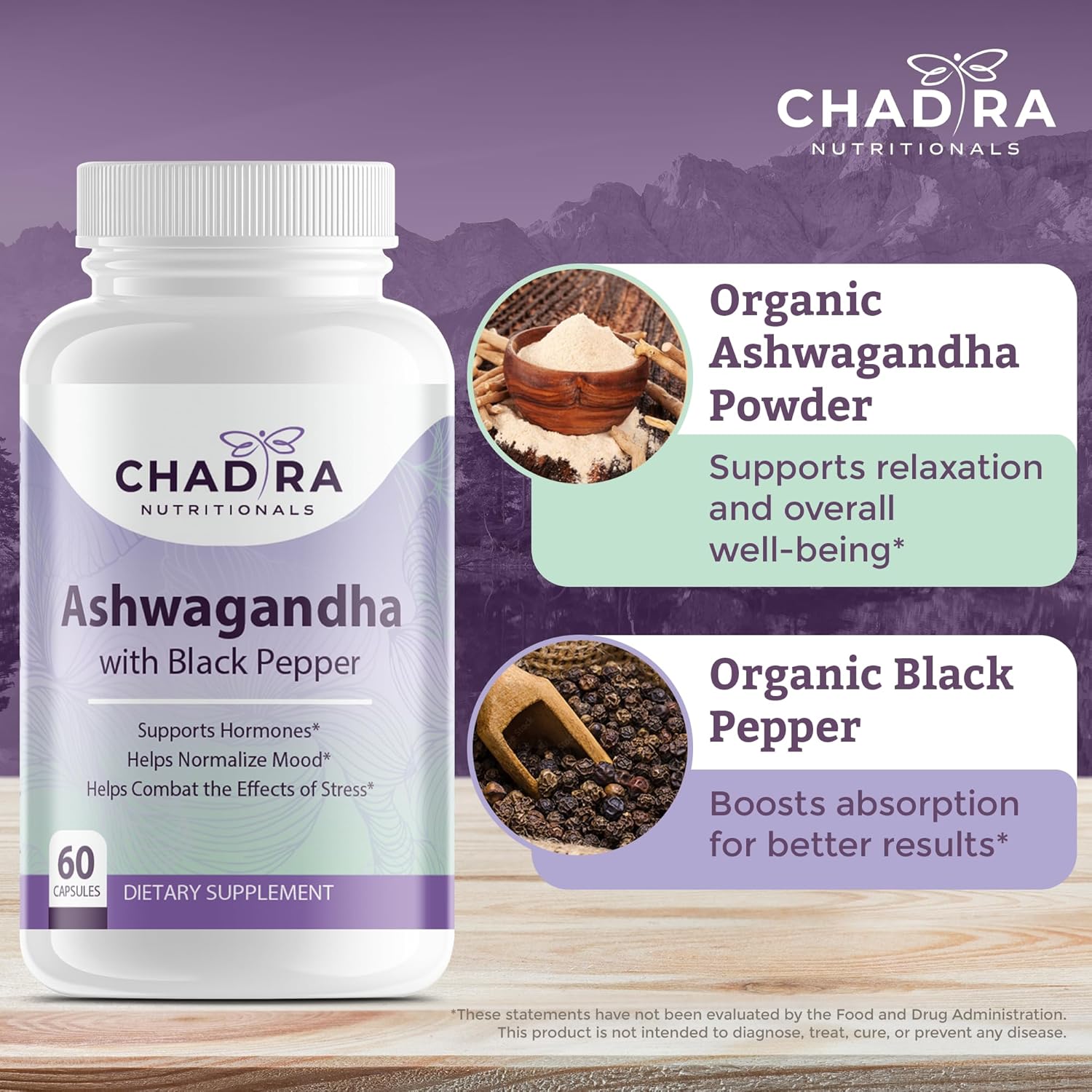 Organic Ashwagandha & Black Pepper Capsules for Stress, Cognition & Mood - Non-GMO, Gluten Free - 60 Count
