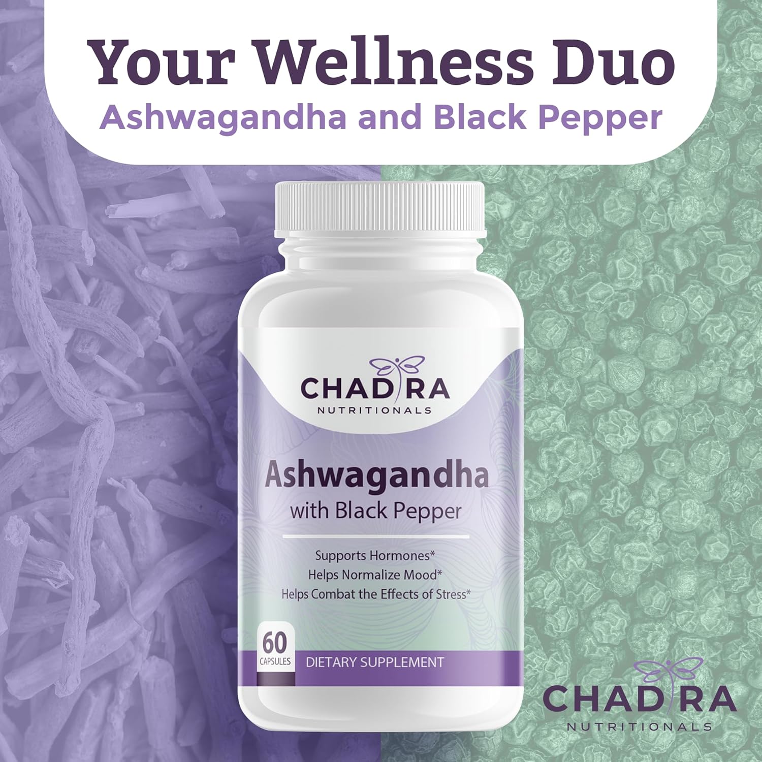 Organic Ashwagandha & Black Pepper Capsules for Stress, Cognition & Mood - Non-GMO, Gluten Free - 60 Count